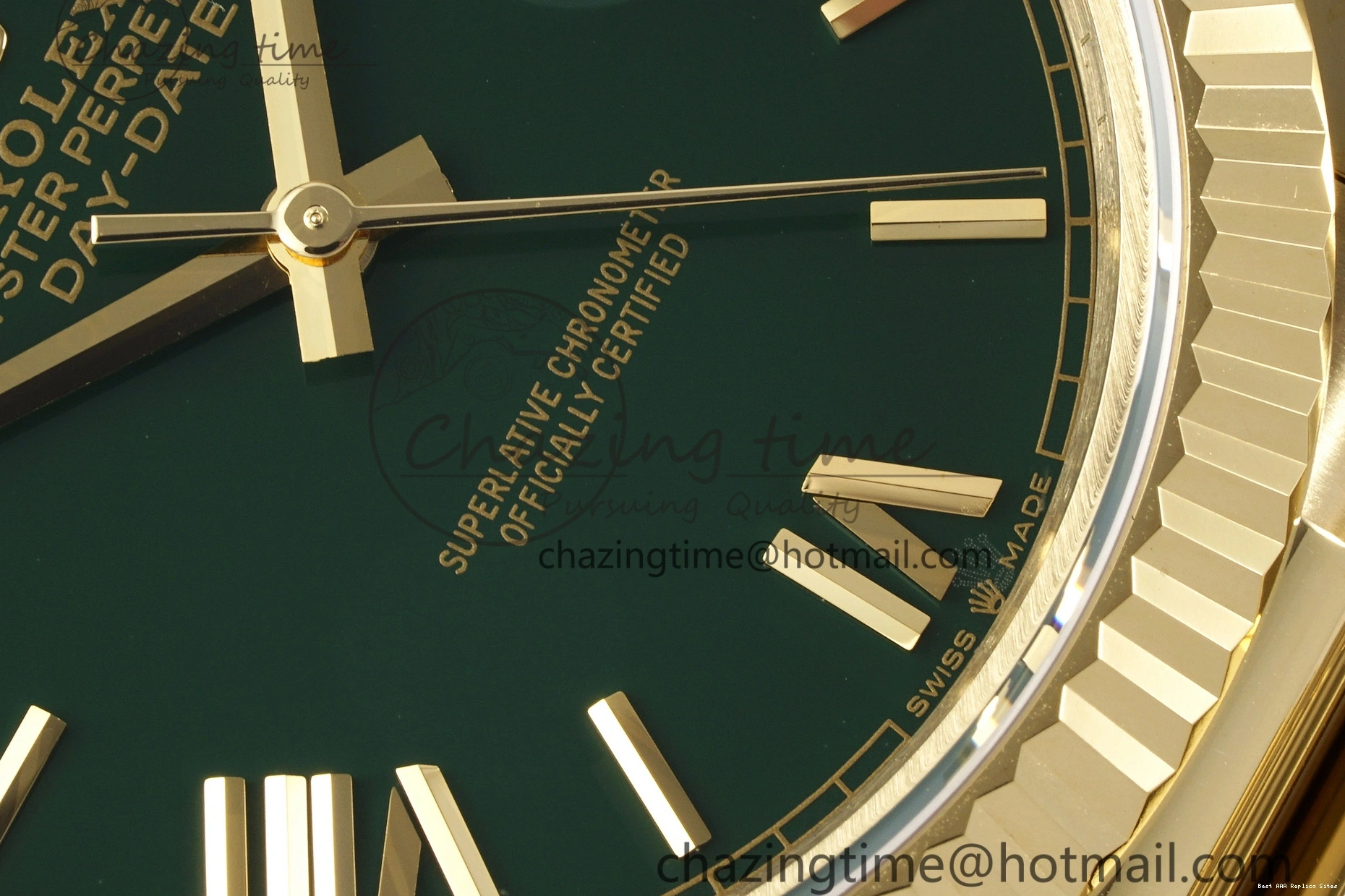 AAA Replica Watches 904L A2836 Green Gain Bracelet EasyMatch YG on V Roman 40 JDF DayDate Dial Markers Weight Steel 1822 President 0109